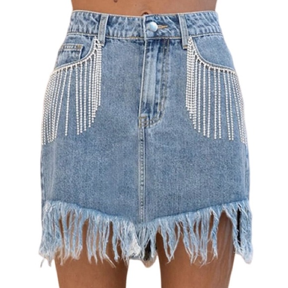 Jeans Dresses & Skirts - Blue Denim Mini Skirt with Fringe & Rhinestone Trim